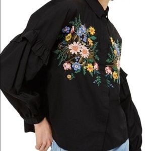 TopShop Floral Embroidered Black Button Down